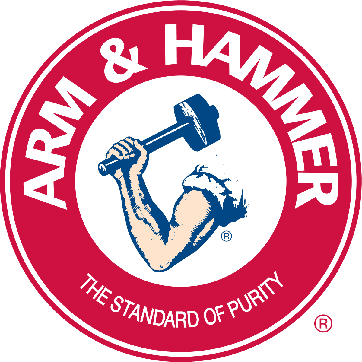 A red and white logo of arm & hammer.