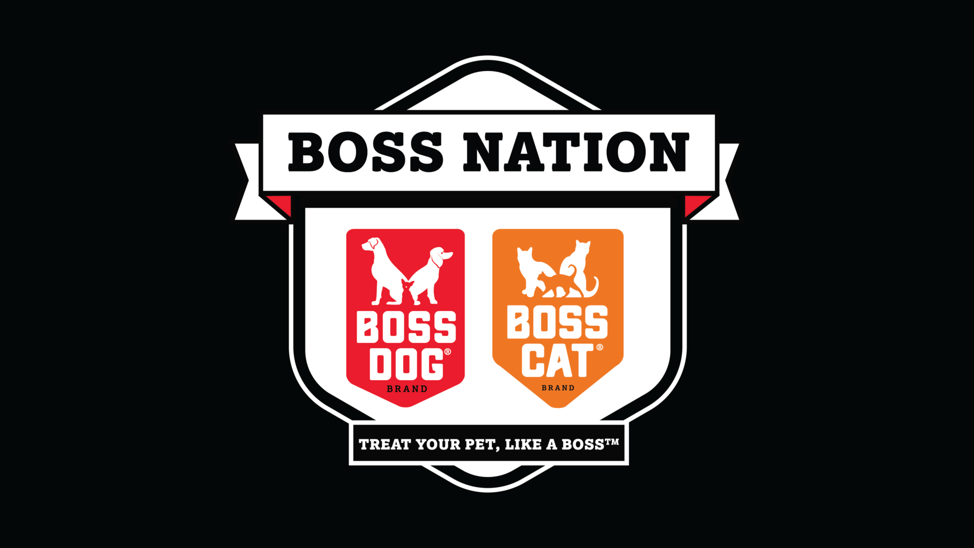 A black and white logo of boss dog and boss cat.