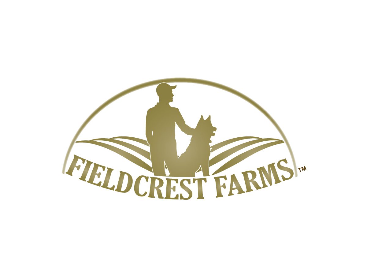 A field crest farms logo with a man and dog.