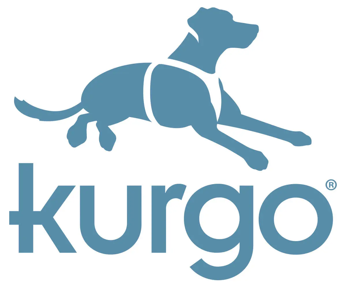 A dog is sitting on the ground in front of a logo.