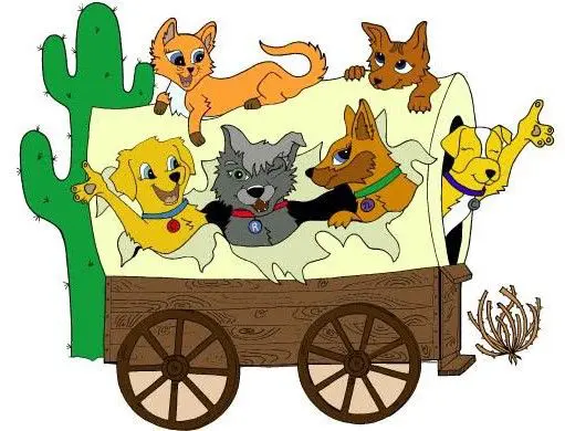 A wagon with dogs and cats on it
