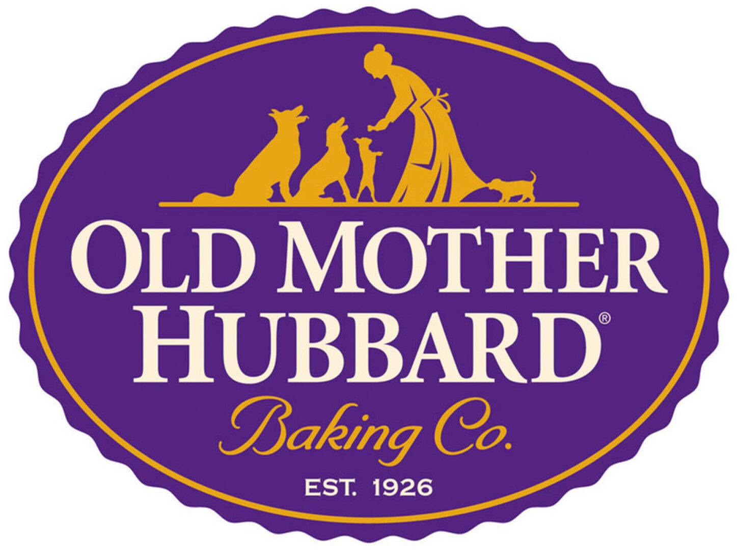 A purple and yellow logo for old mother hubbard baking company.