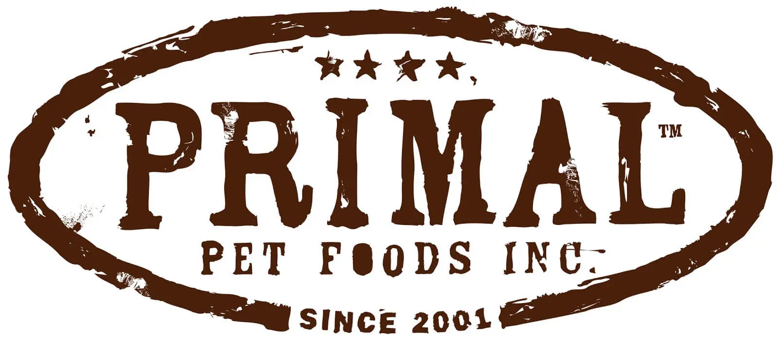 A brown and white logo for prima pet foods.