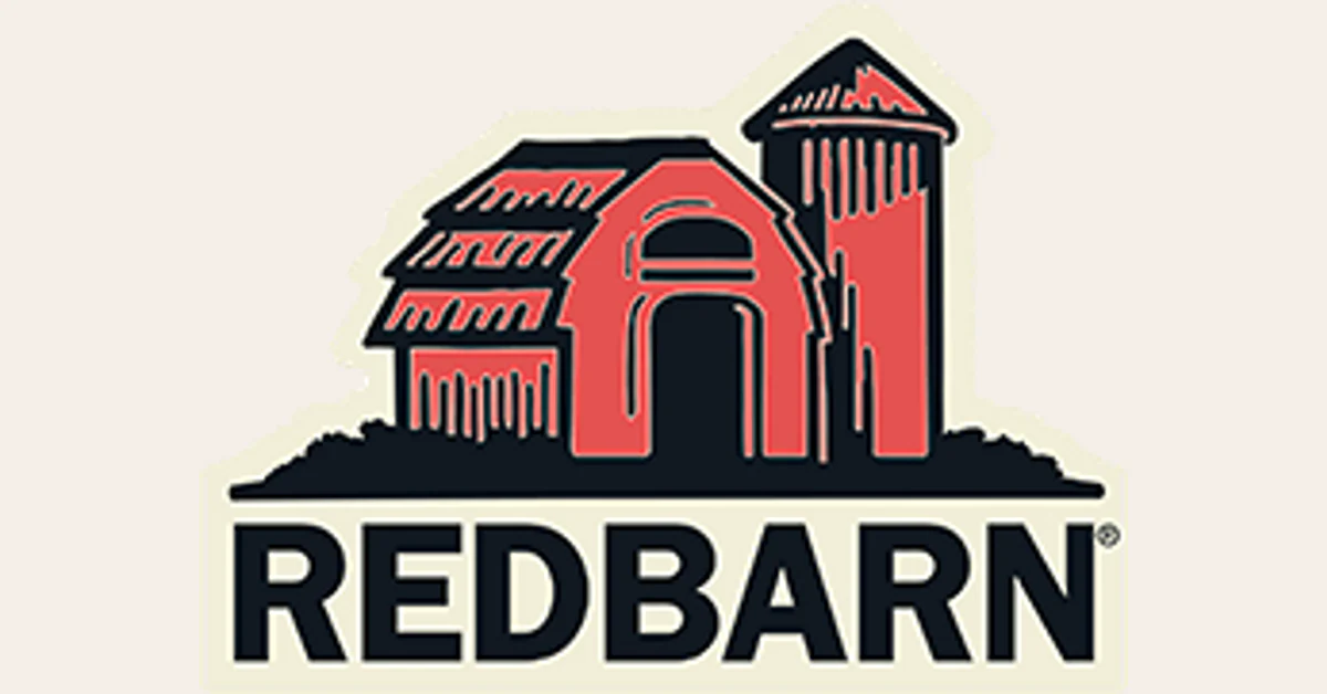 A red barn logo with a black background